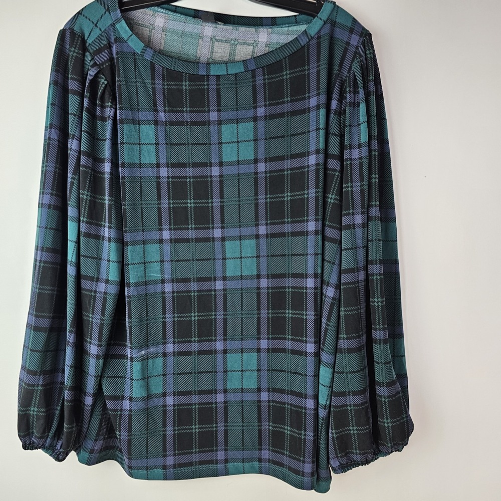 Ann Taylor Factory Womens XL Green Navy Plaid Tartan Long Sleeve Blouse Top
